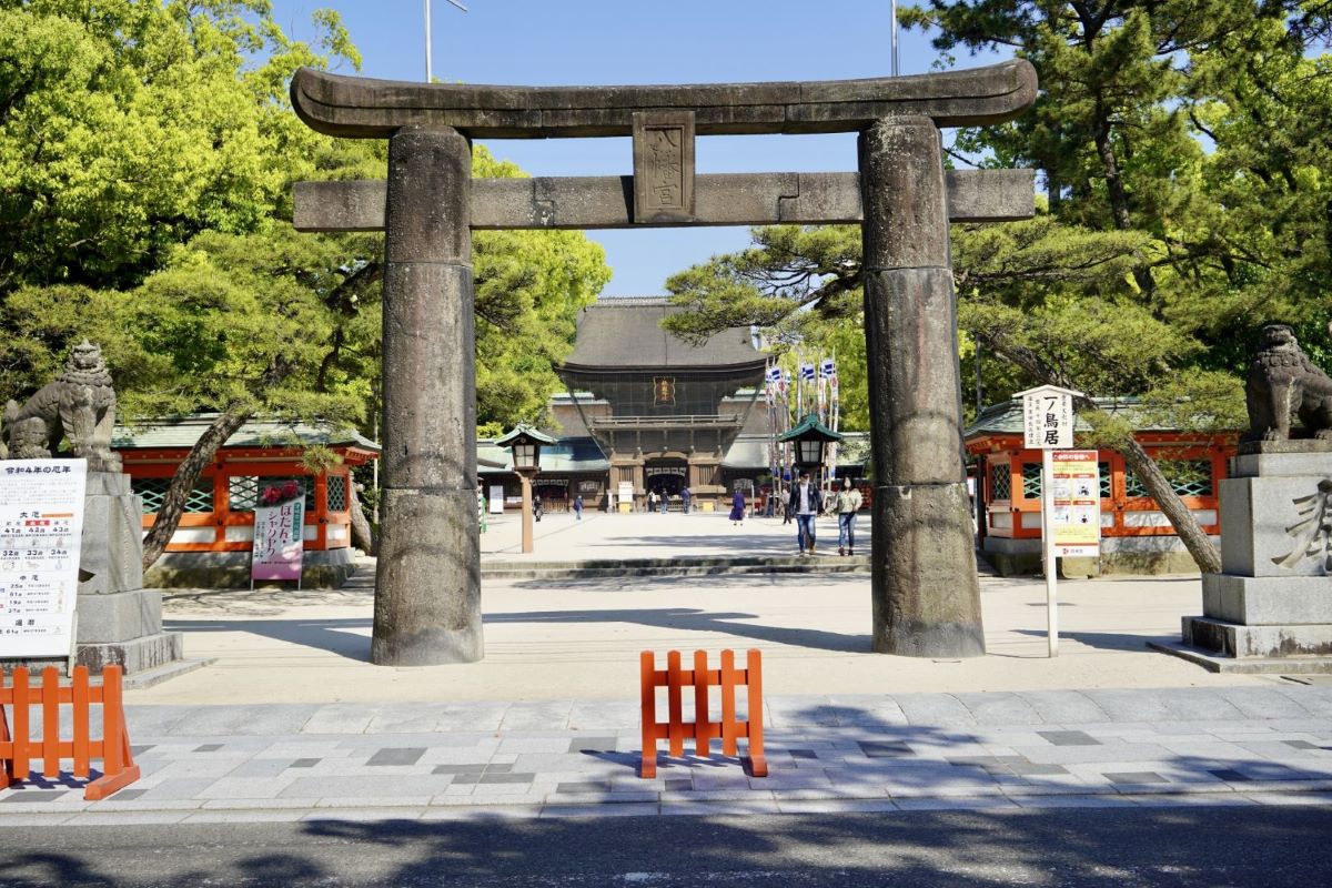 Torii and main shrine of Fukuoka Hakozaki Shrine
